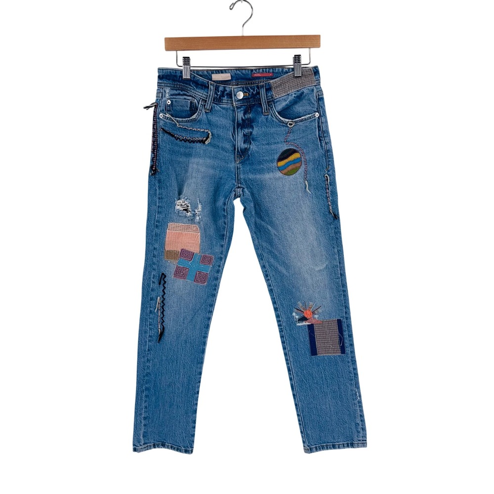Pilcro Patchwork Embroidered Straight Leg Jeans Blue 27 Distressed Boho